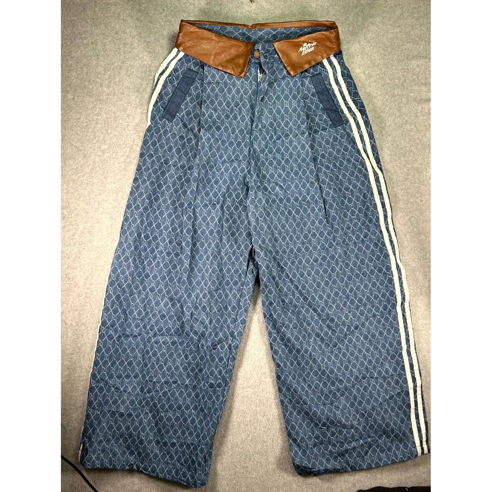 Aelfric Eden Wide Leg Jeans Womens 28 Blue Denim Jacquard Leather Waistband